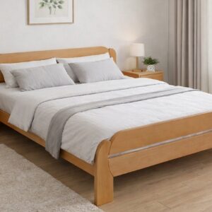 Krevet Violeta od svetlog drveta sa sivom posteljinom u spavaćoj sobi