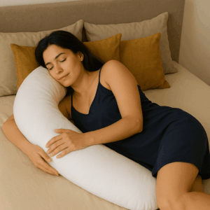 Žena leži na krevetu grleći jastuk za trudnice