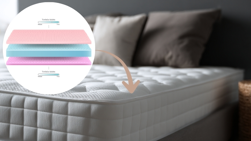 Medio dušek sa bakarnim vlaknima prikazan na krevetu uz prikaz slojeva različite tvrdoće i strukture