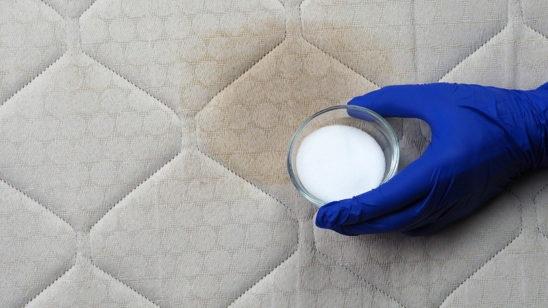 Ruka drži posudicu sa sodom bikarbonom iznad dušeka radi uklanjanja grinja