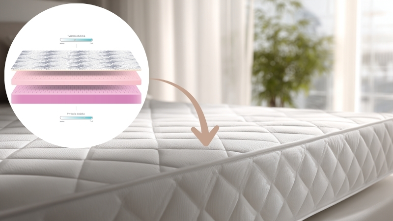 Soft Memory dušek sa memorijskom penom prikazan u spavaćoj sobi sa detaljem slojeva u preseku