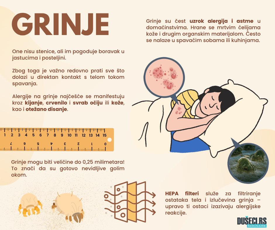 Infografik prikazuje kako grinje u dušeku izazivaju alergije, iritacije i probleme sa disanjem, uz savete za njihovo uklanjanje