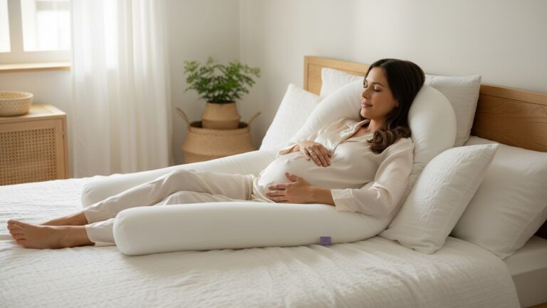 Trudnica leži na boku i koristi dugi jastuk za trudnice koji pruža podršku stomaku, leđima i nogama