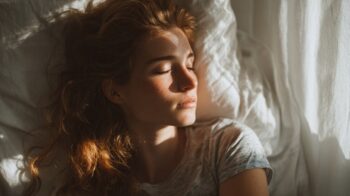 Žena mirno spava na beloj posteljini